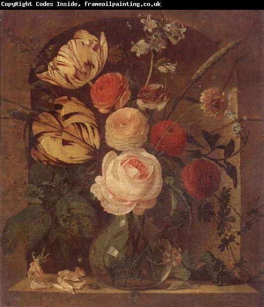 unknow artist Still life of various flowers in a glass vase,set in a niche